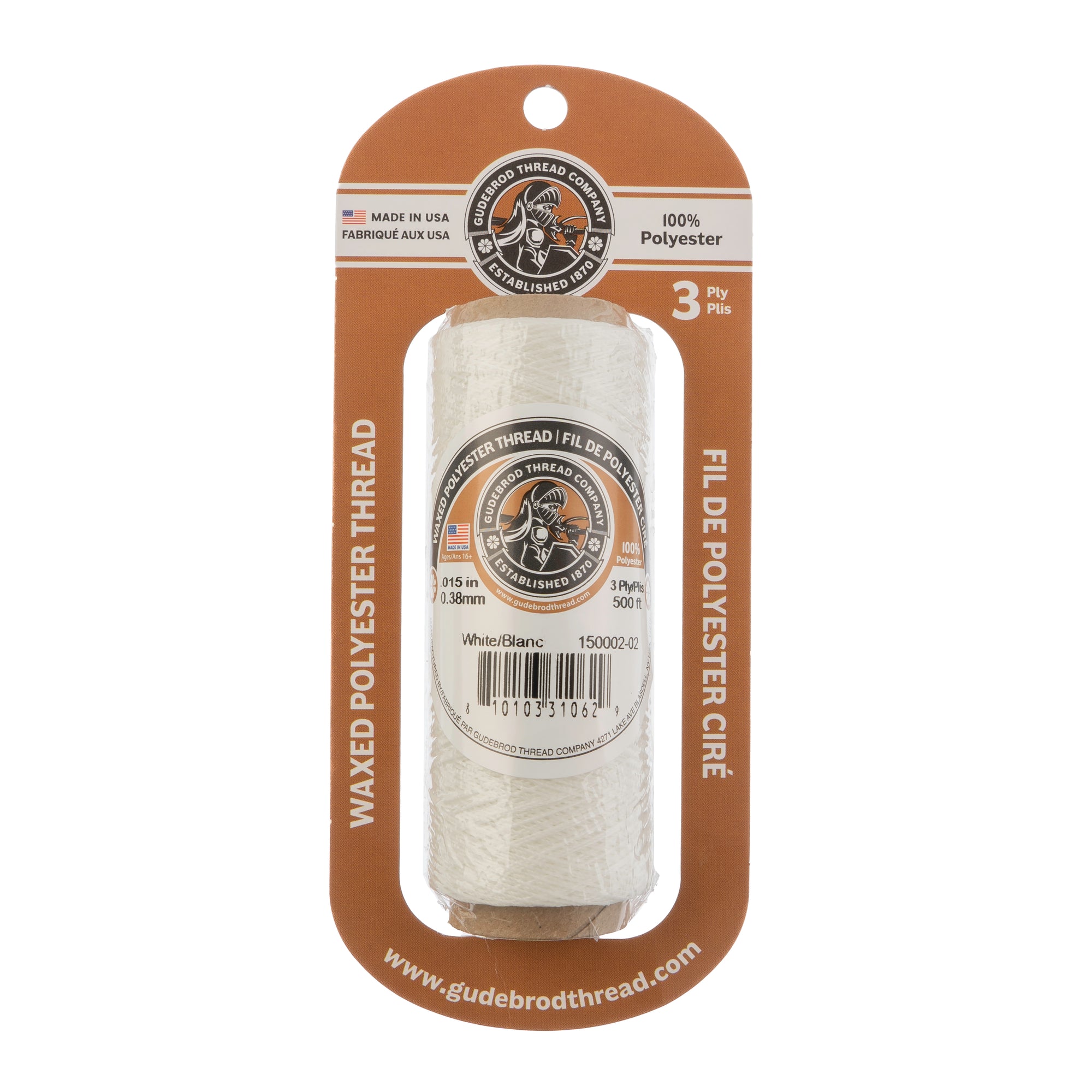 Gudebrod Waxed Thread 3ply Made In USA 500ft (152.4m) Spool 0.38mm (0.015in), White