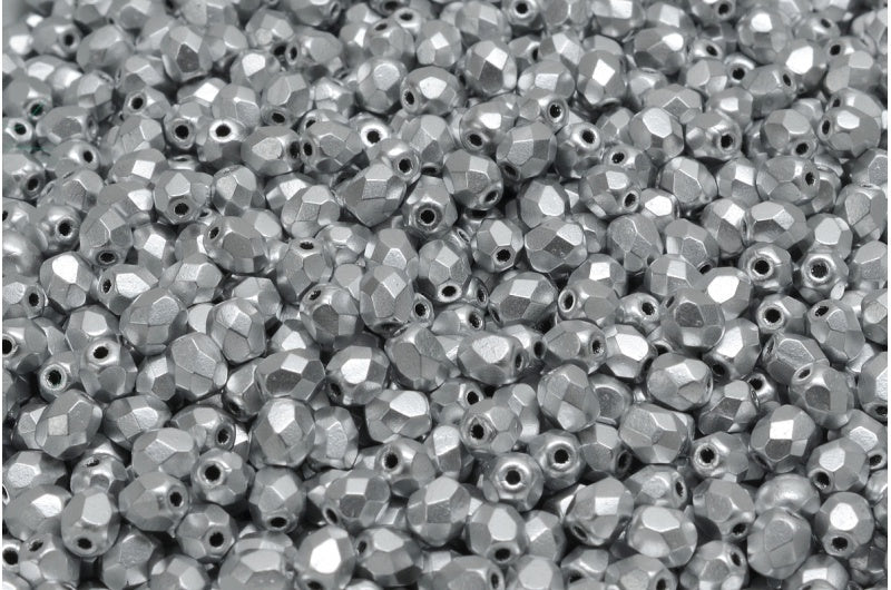 4mm Czech Fire Polish Beads, Silver Aluminum Matte, 50 pieces