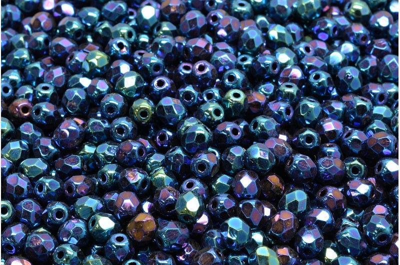 4mm Czech Fire Polish Beads, Iris Blue, 50 pieces