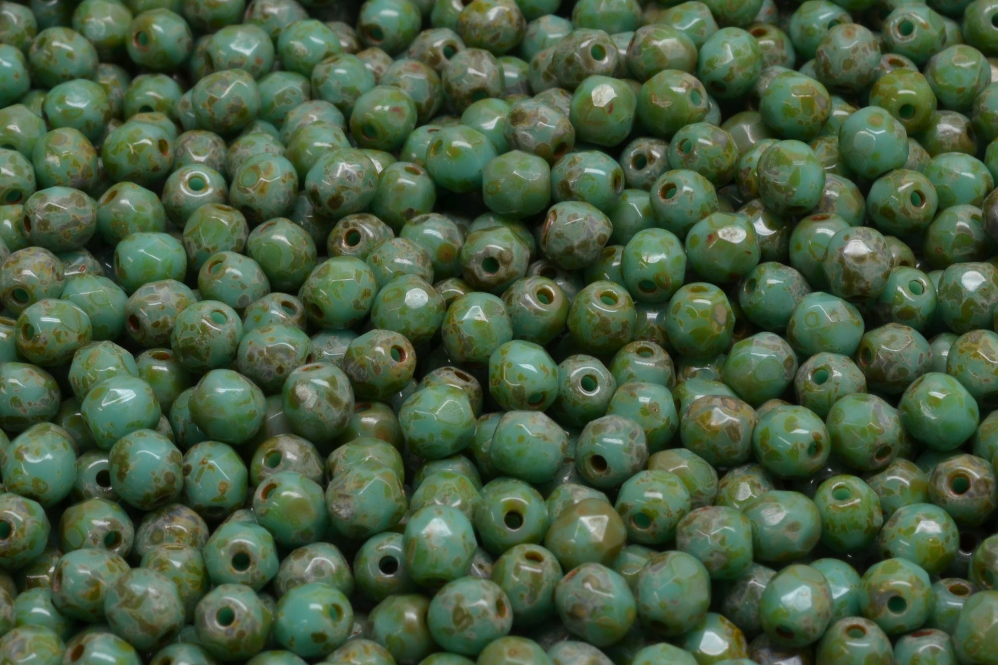 4mm Czech Fire Polish Beads, Turquoise Green/Travertin Dark, 50 pieces