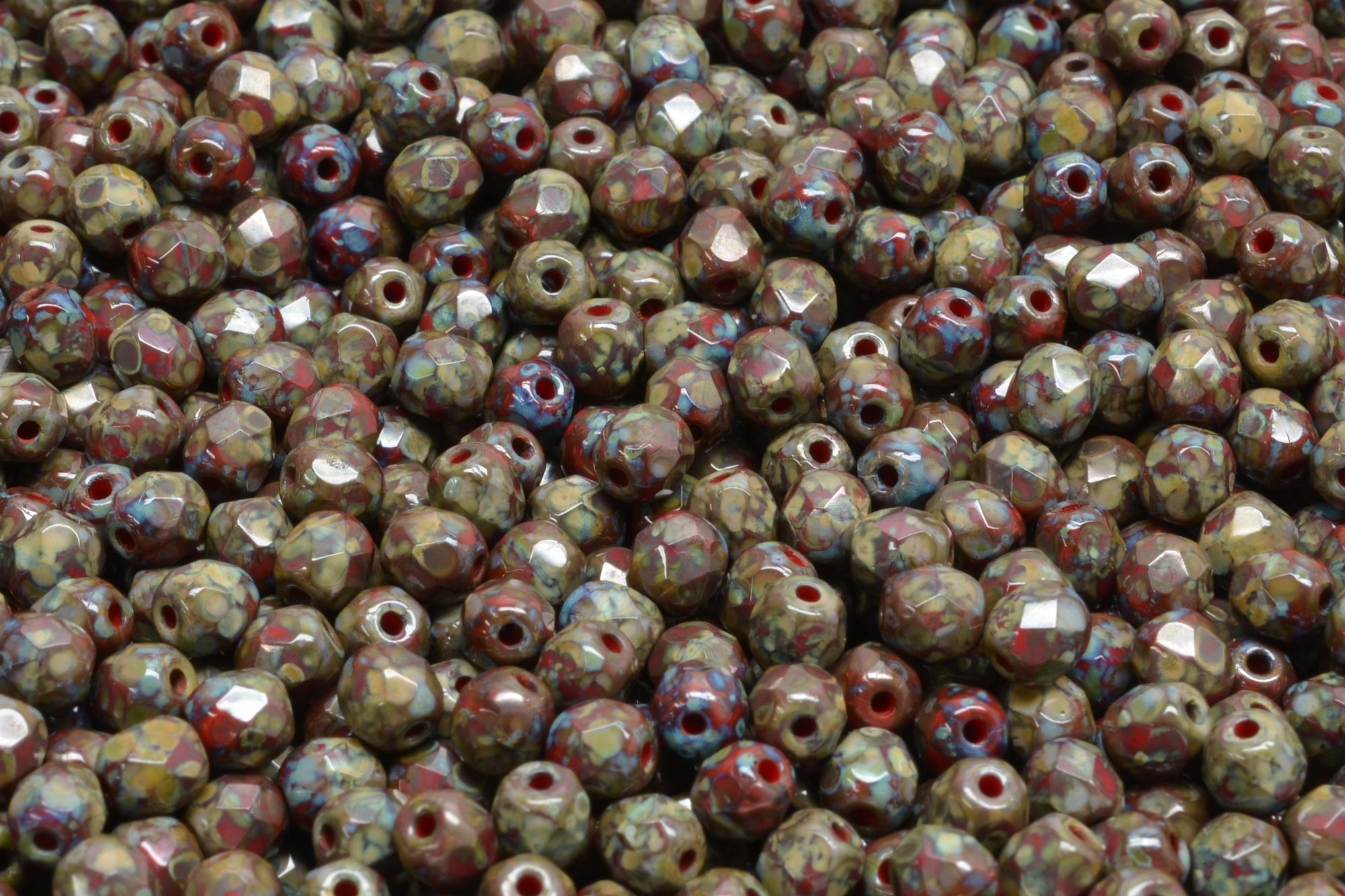4mm Czech Fire Polish Beads, Red Dark Travertin, 50 pieces