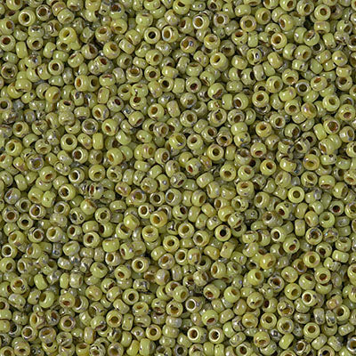 Miyuki 15/0 Round Seed Bead, 15-4515, Opaque Chartreuse Picasso, 8 grams