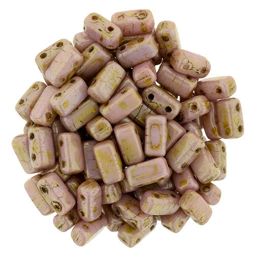 Czechmate 2mm X 6mm Brick Glass Czech Two Hole Bead, Luster Opaque Rose/Gold Topaz - Barrel of Beads
