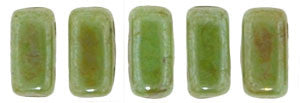 Czechmate 2mm X 6mm Brick Glass Czech Two Hole Bead, Honeydew Luster Picasso - Barrel of Beads