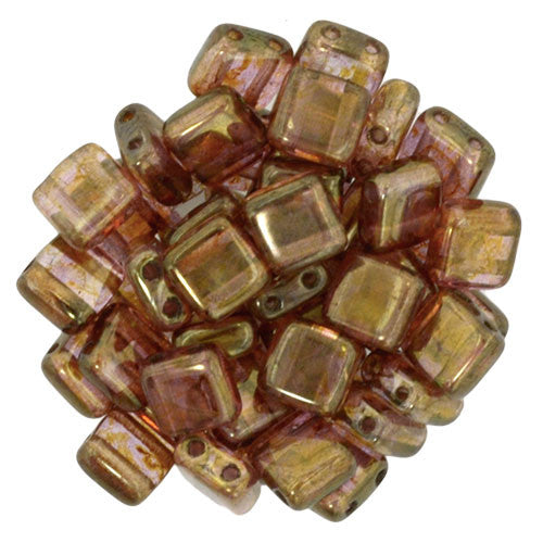Czechmate 6mm Square Glass Czech Two Hole Tile Bead, Luster Rose/Gold Topaz - Barrel of Beads