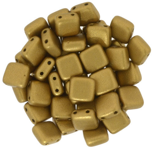 Czechmate 6mm Square Glass Czech Two Hole Tile Bead, Matte Metallic Goldenrod - Barrel of Beads