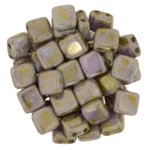 Czechmate 6mm Square Glass Czech Two Hole Tile Bead, Luster Opaque Gold/Sm Topaz - Barrel of Beads
