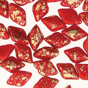 Mini GemDuo 2-Hole Diamond Shaped Bead, Gold Splash Red Opaque, 7.5 grams
