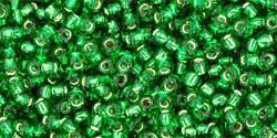 Toho 11/0 Round Japanese Seed Bead, TR11-27B, Silver Lined Grass Green - Barrel of Beads