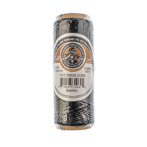 Gudebrod Waxed Thread 3ply Made In USA 500ft (152.4m) Spool 0.38mm (0.015in), Black