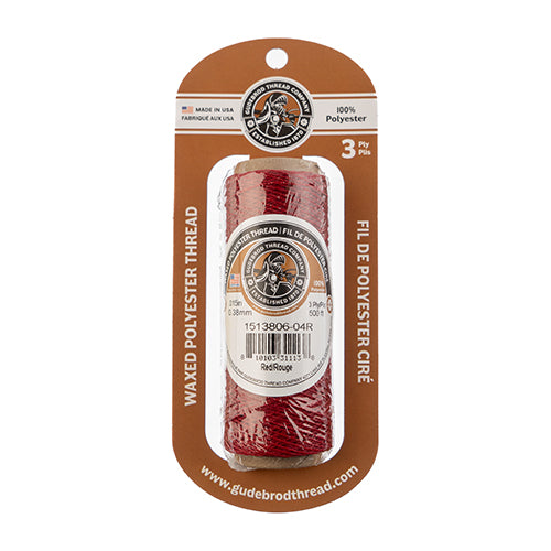 Gudebrod Waxed Thread 3ply Made In USA 500ft (152.4m) Spool 0.38mm (0.015in), Red