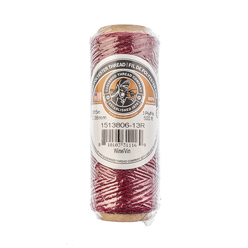 Gudebrod Waxed Thread 3ply Made In USA 500ft (152.4m) Spool 0.38mm (0.015in), Wine