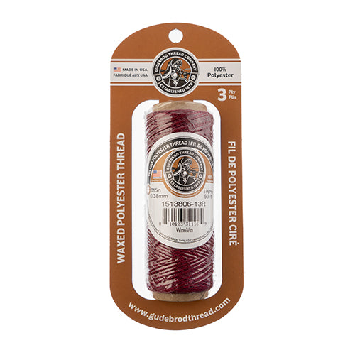 Gudebrod Waxed Thread 3ply Made In USA 500ft (152.4m) Spool 0.38mm (0.015in), Wine