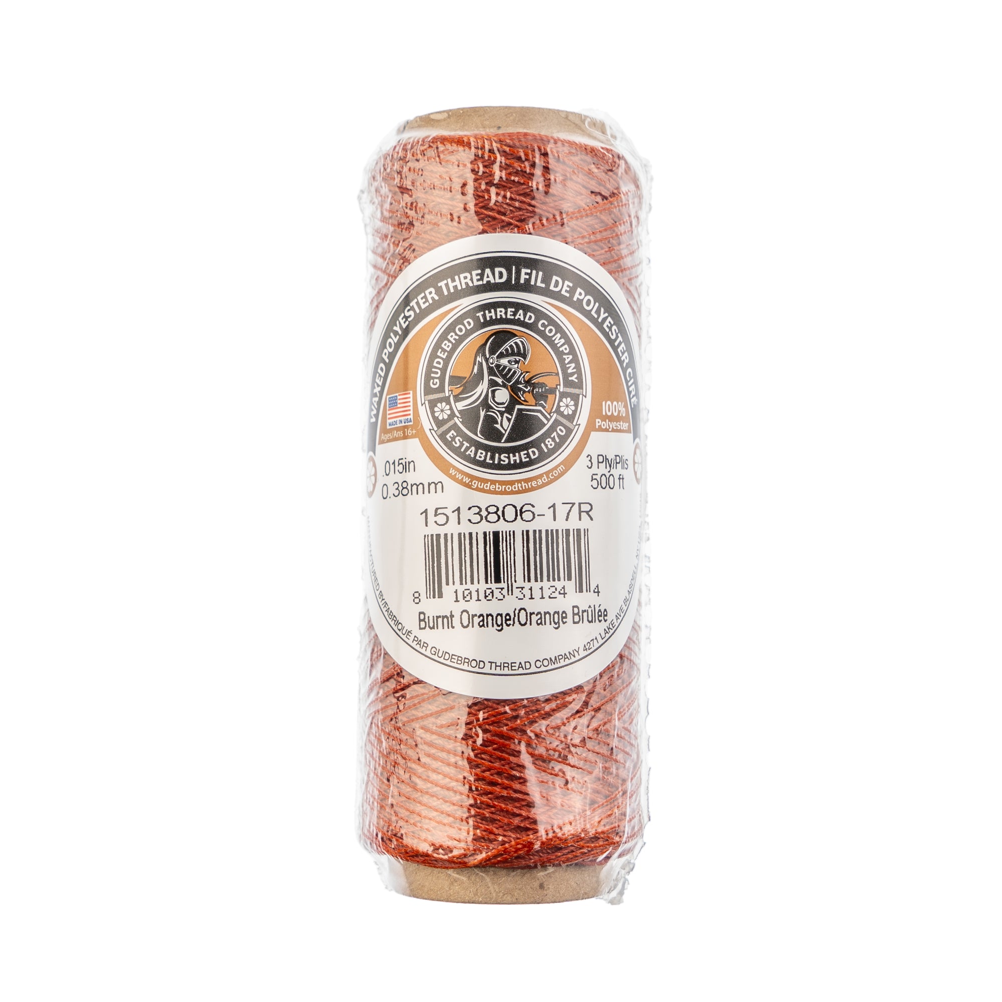 Gudebrod Waxed Thread 3ply Made In USA 500ft (152.4m) Spool 0.38mm (0.015in), Burnt Orange