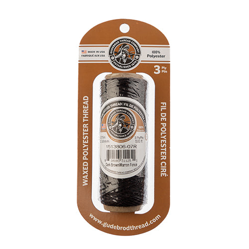 Gudebrod Waxed Thread 3ply Made In USA 500ft (152.4m) Spool 0.38mm (0.015in), Dark Brown