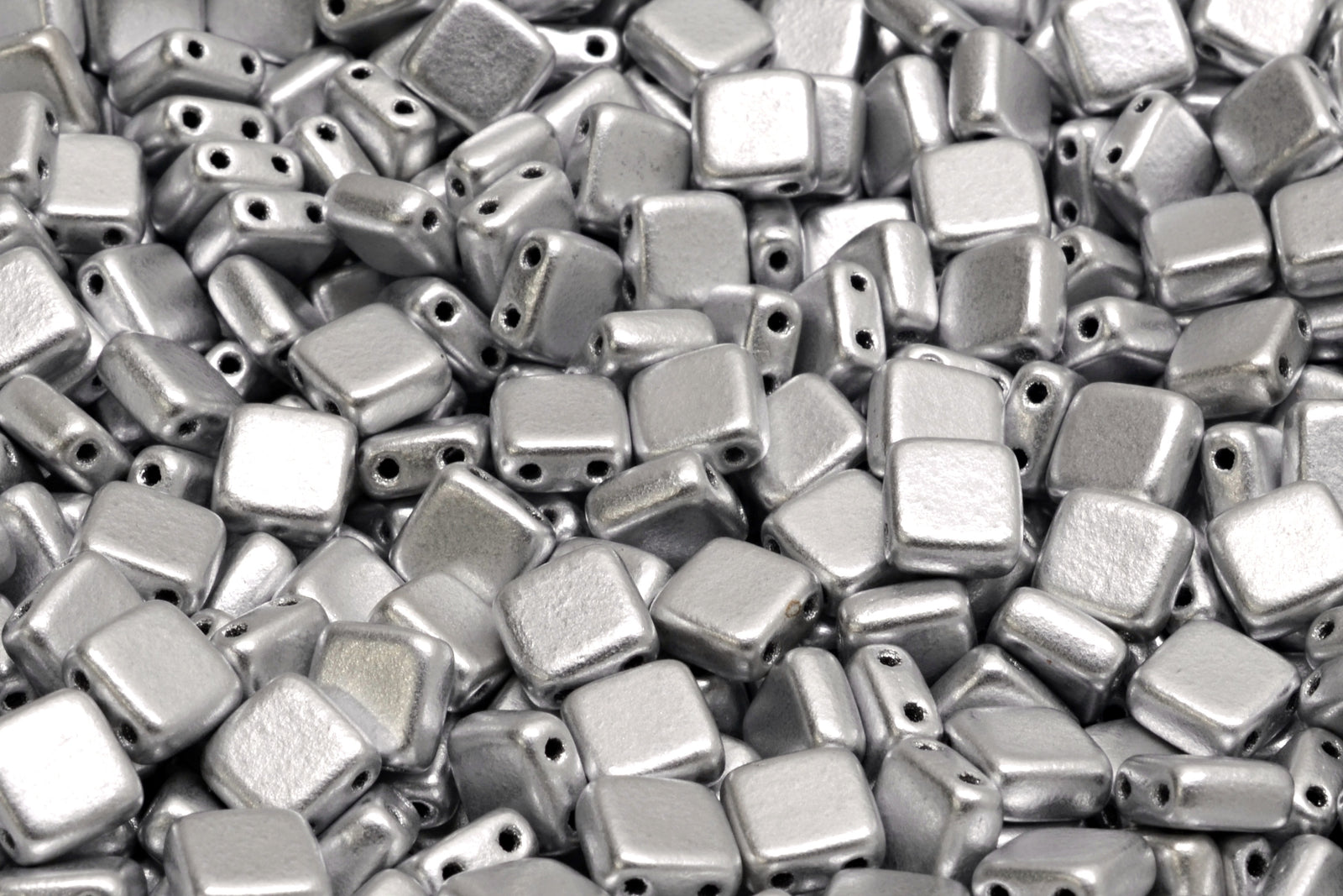 6mm Square Glass Czech Two Hole Tile Bead, Silver Aluminum Matte, 25 pieces