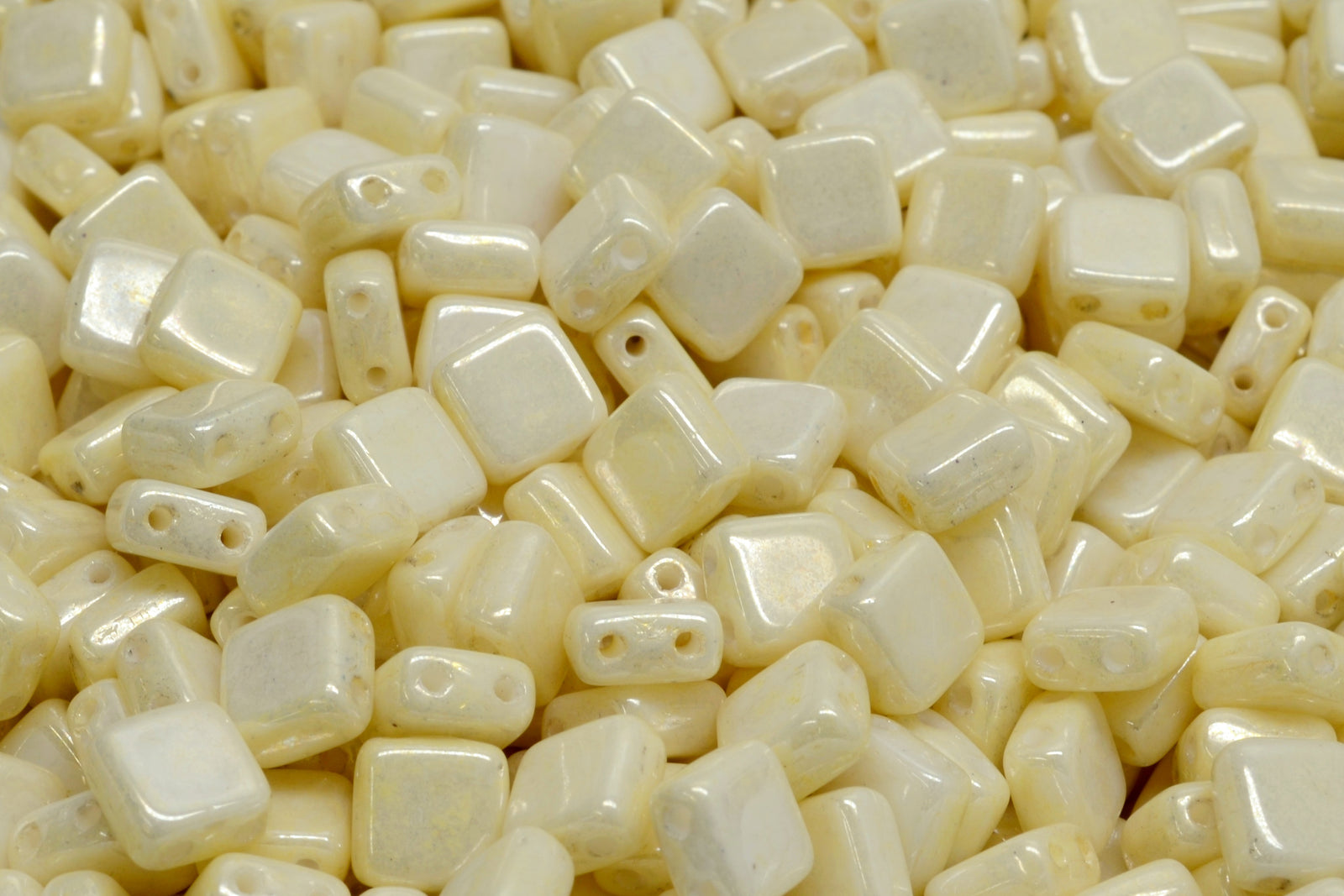 6mm Square Glass Czech Two Hole Tile Bead, Luster Opaque Ivory, 25 pieces