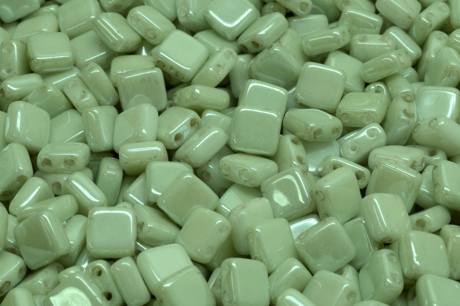 6mm Square Glass Czech Two Hole Tile Bead, Light Green Alabaster, 25 pieces