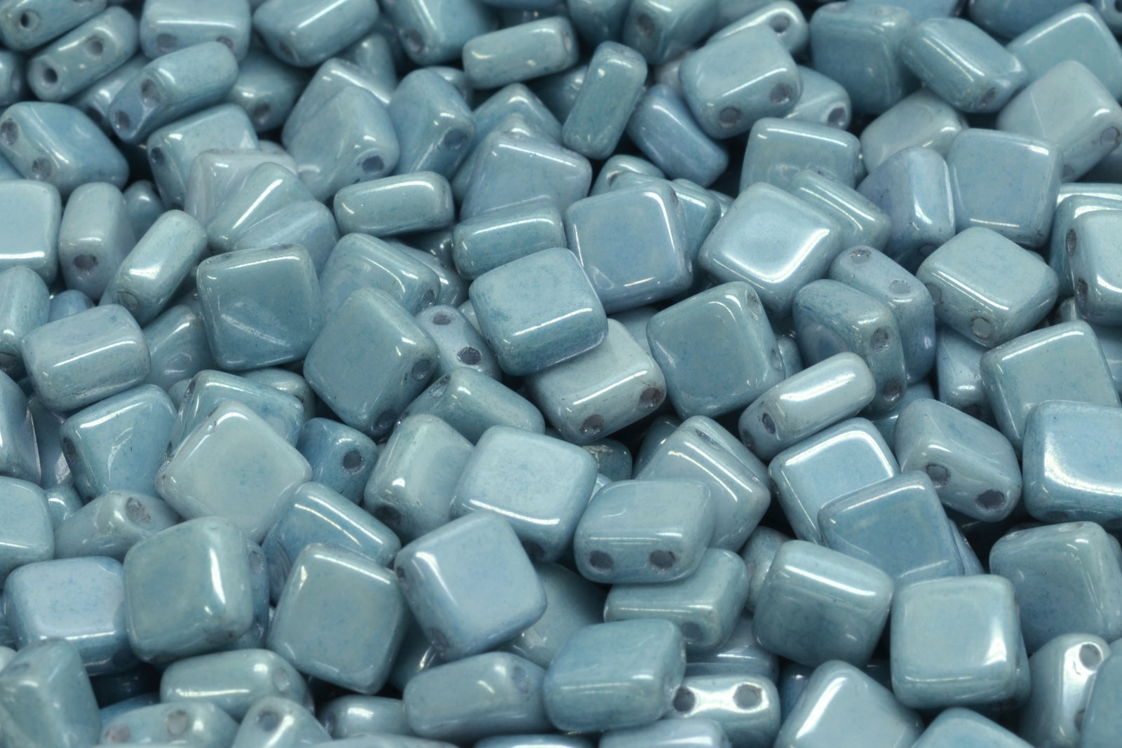 6mm Square Glass Czech Two Hole Tile Bead, Blue Alabaster, 25 pieces