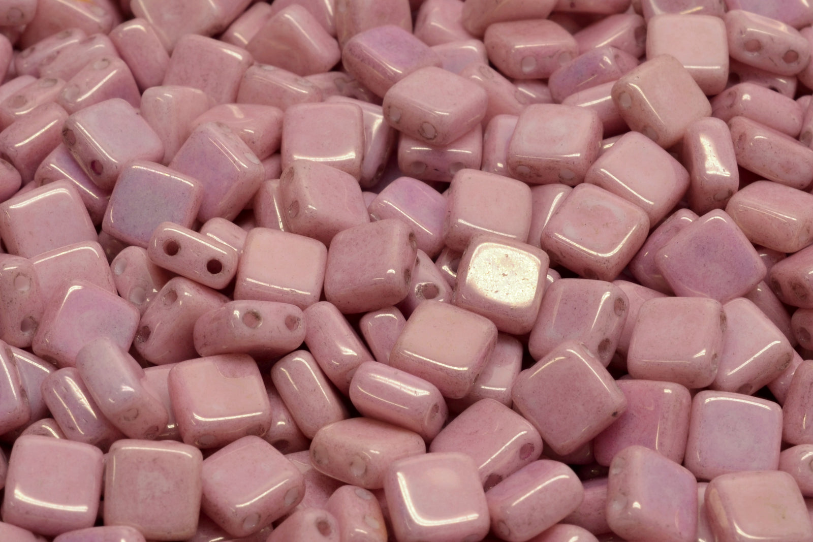 6mm Square Glass Czech Two Hole Tile Bead, Luster Opaque Light Rose, 25 pieces