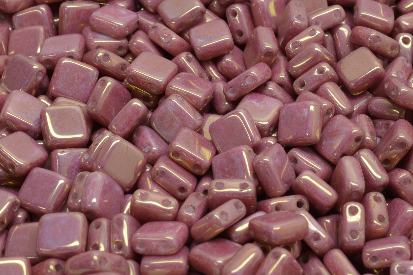 6mm Square Glass Czech Two Hole Tile Bead, Gold/Amethyst Alabaster, 25 pieces