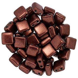 6mm Square Glass Czech Two Hole Tile Bead, Saturated Metallic Chicory Coffee, 25 pieces