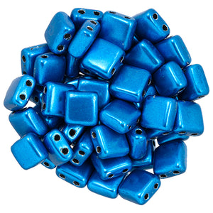 6mm Square Glass Czech Two Hole Tile Bead, Saturated Metallic Galaxy Blue, 25 pieces