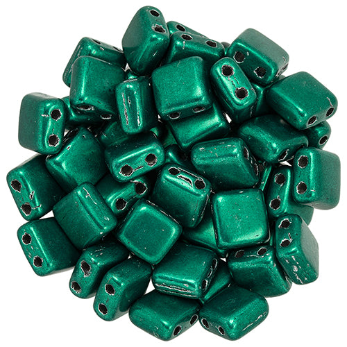6mm Square Glass Czech Two Hole Tile Bead, Saturated Metallic Forest Biome, 25 pieces