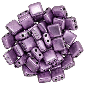 6mm Square Glass Czech Two Hole Tile Bead, Saturated Metallic Grapeade, 25 pieces
