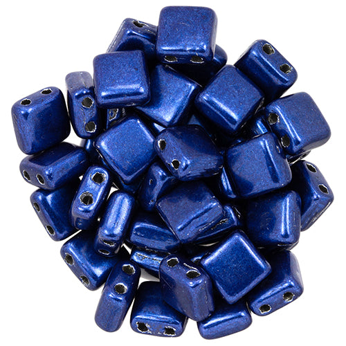 6mm Square Glass Czech Two Hole Tile Bead, Saturated Metallic Evening Blue, 25 pieces