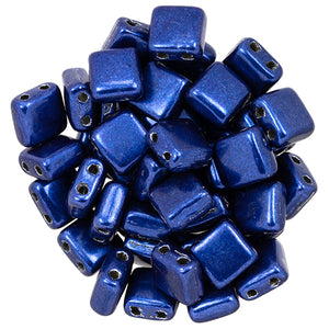 6mm Square Glass Czech Two Hole Tile Bead, Saturated Metallic Evening Blue, 25 pieces
