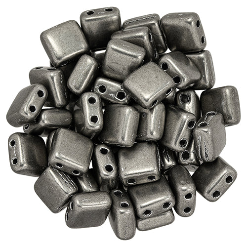 6mm Square Glass Czech Two Hole Tile Bead, Saturated Metallic Frost Gray, 25 pieces