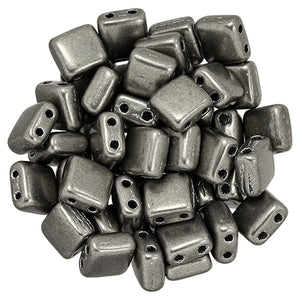 6mm Square Glass Czech Two Hole Tile Bead, Saturated Metallic Frost Gray, 25 pieces