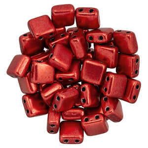 6mm Square Glass Czech Two Hole Tile Bead, Saturated Metallic Cranberry, 25 pieces