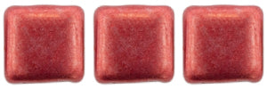 6mm Square Glass Czech Two Hole Tile Bead, Sueded Gold Samba Red, 25 pieces
