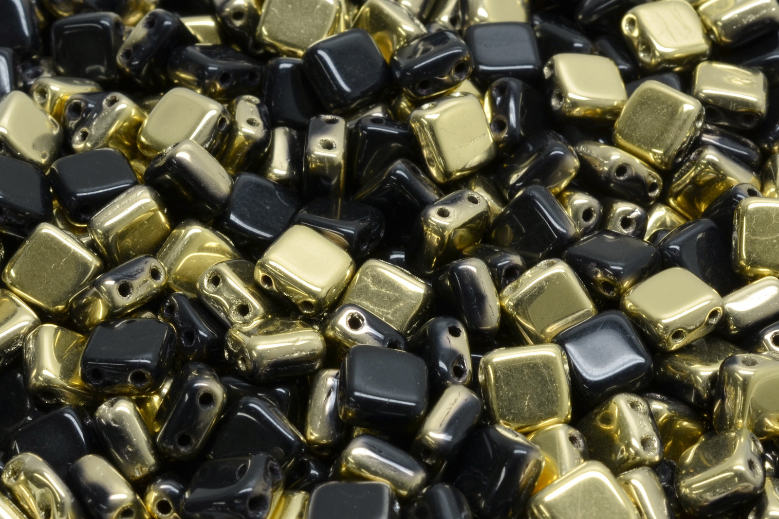 6mm Square Glass Czech Two Hole Tile Bead, Jet/Dorado, 25 pieces