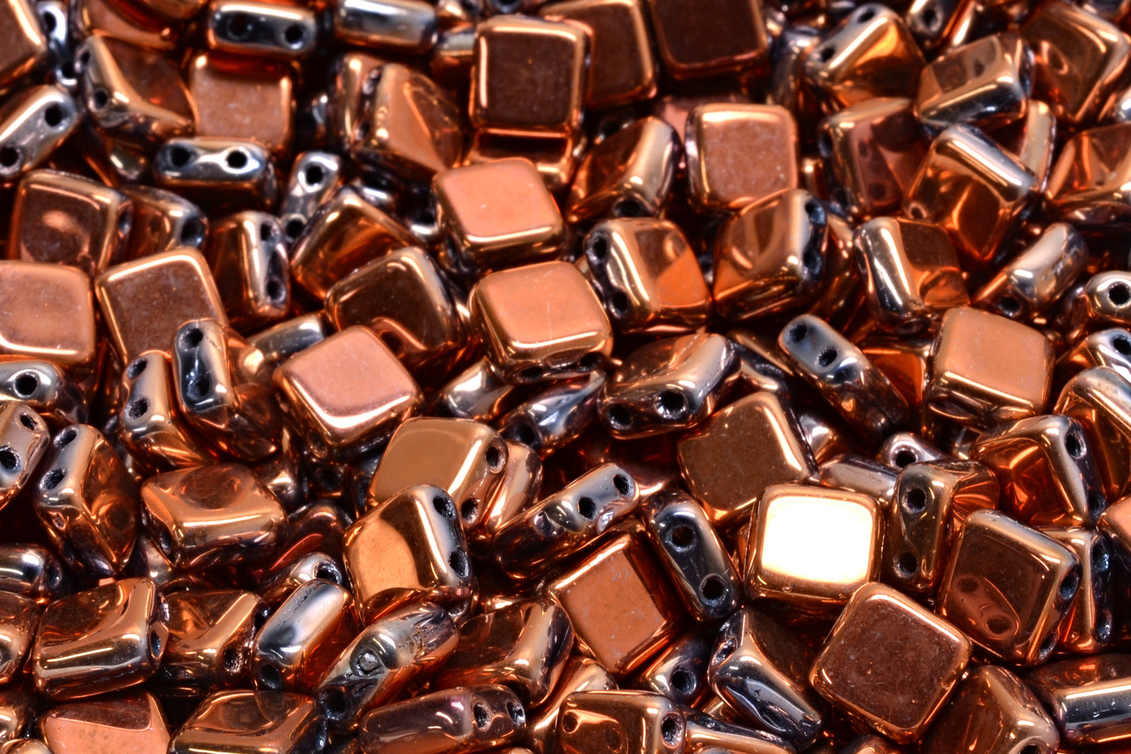 6mm Square Glass Czech Two Hole Tile Bead, Jet Full Capri Gold, 25 pieces