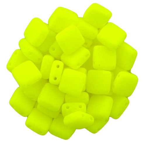6mm Square Glass Czech Two Hole Tile Bead, Neon Yellow, 25 pieces