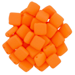 6mm Square Glass Czech Two Hole Tile Bead, Neon Orange, 25 pieces