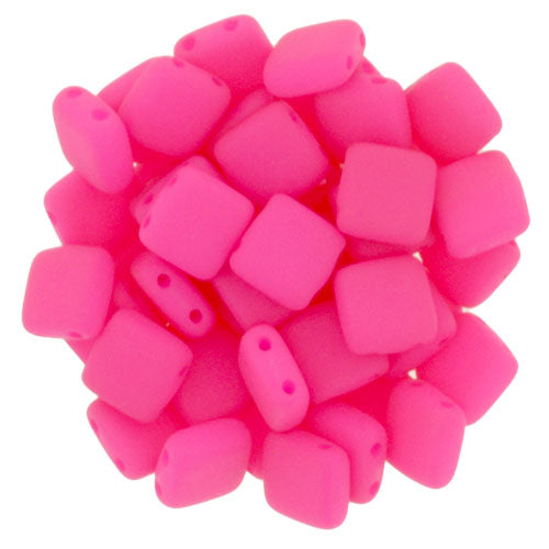 6mm Square Glass Czech Two Hole Tile Bead, Neon Pink, 25 pieces
