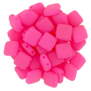 6mm Square Glass Czech Two Hole Tile Bead, Neon Pink, 25 pieces