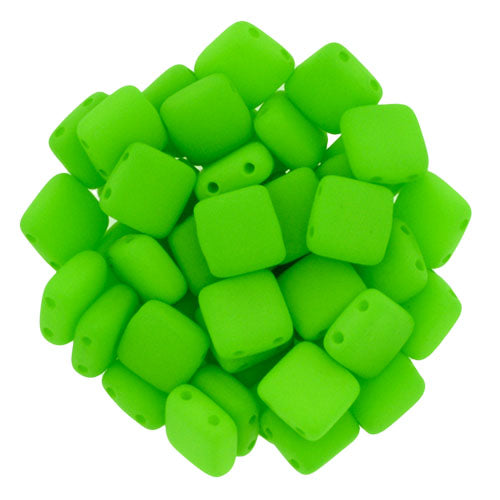 6mm Square Glass Czech Two Hole Tile Bead, Neon Green, 25 pieces