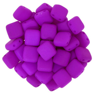6mm Square Glass Czech Two Hole Tile Bead, Neon Purple, 25 pieces