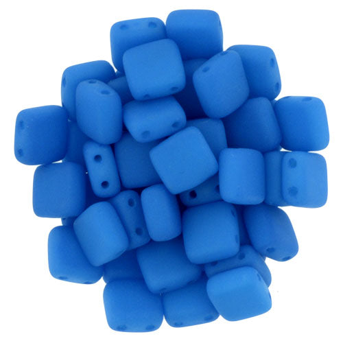 6mm Square Glass Czech Two Hole Tile Bead, Neon Electric Blue, 25 pieces