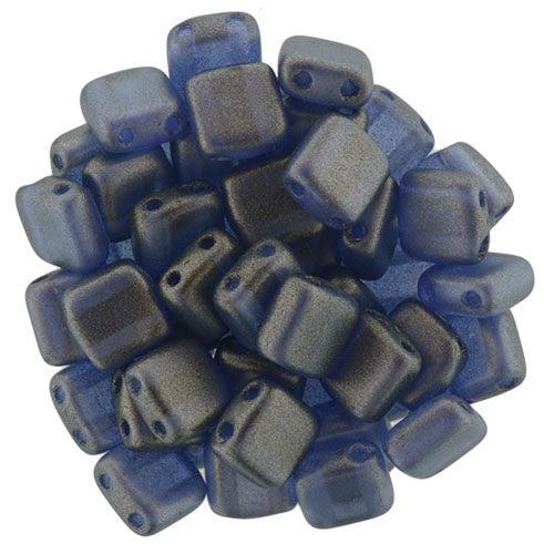 6mm Square Glass Czech Two Hole Tile Bead, Halo Ultramarine, 25 pieces