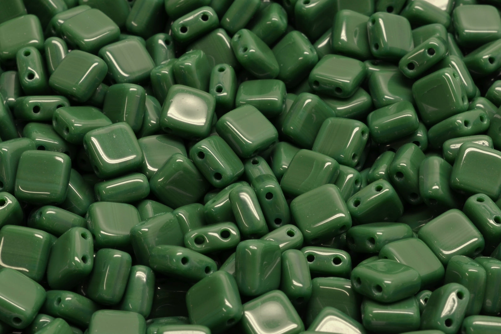 6mm Square Glass Czech Two Hole Tile Bead, Opaque Dark Green, 25 pieces