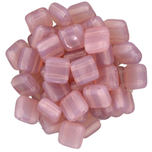 6mm Square Glass Czech Two Hole Tile Bead, Milky Pink, 25 pieces