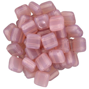 6mm Square Glass Czech Two Hole Tile Bead, Milky Pink, 25 pieces