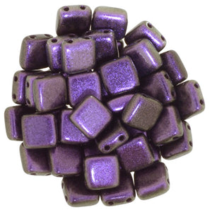 6mm Square Glass Czech Two Hole Tile Bead, Polychrome Black Currant, 25 pieces