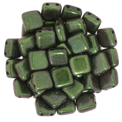 6mm Square Glass Czech Two Hole Tile Bead, Polychrome Olive Mauve, 25 pieces